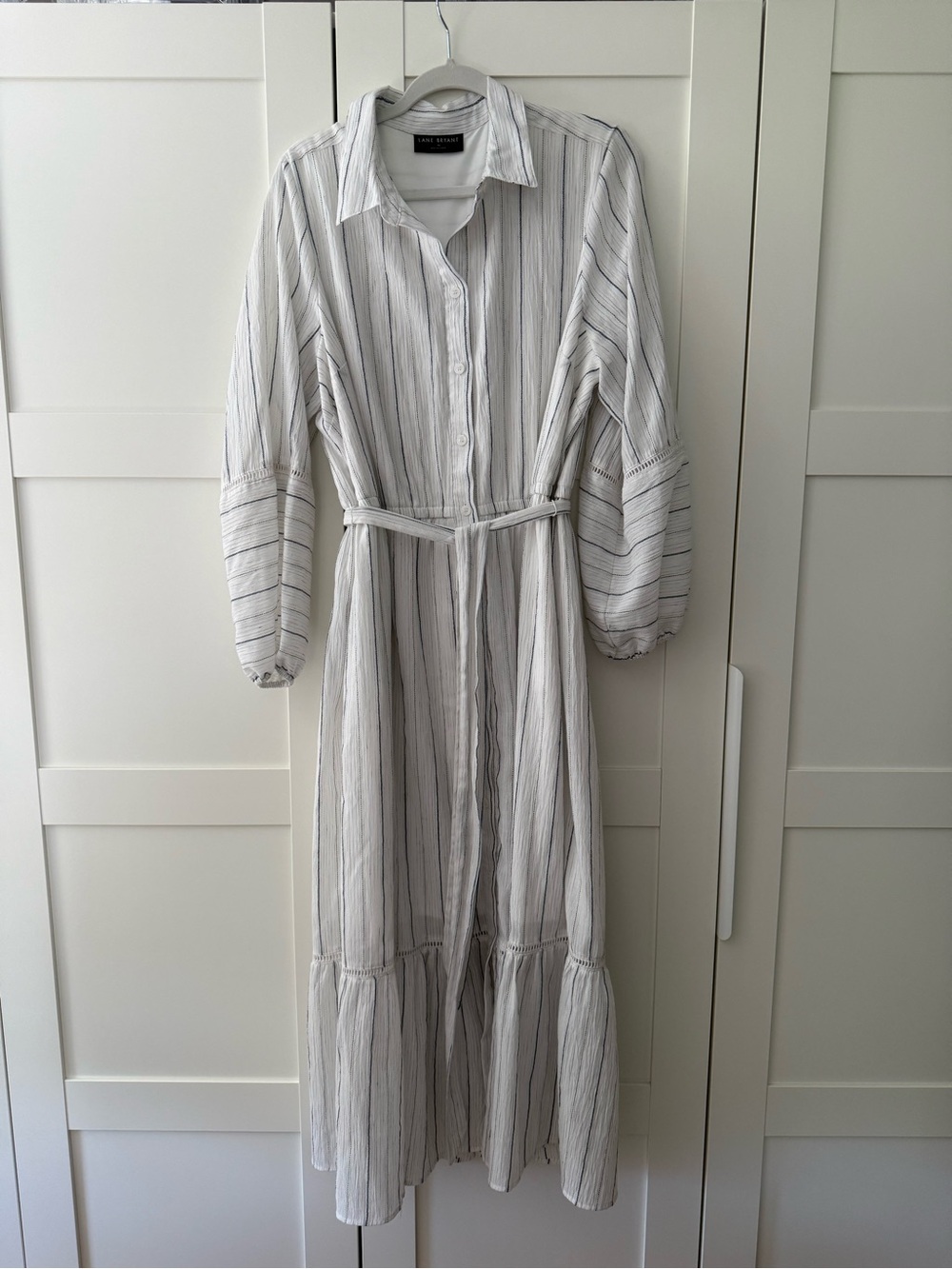 Lane Bryant White and Light Gray Striped Maxi Shirt Dress